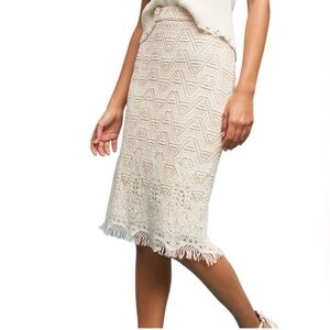 Maeve x Anthropologie Crochet Pencil Skirt Ivory Fringe 8P Petite Boho Coastal